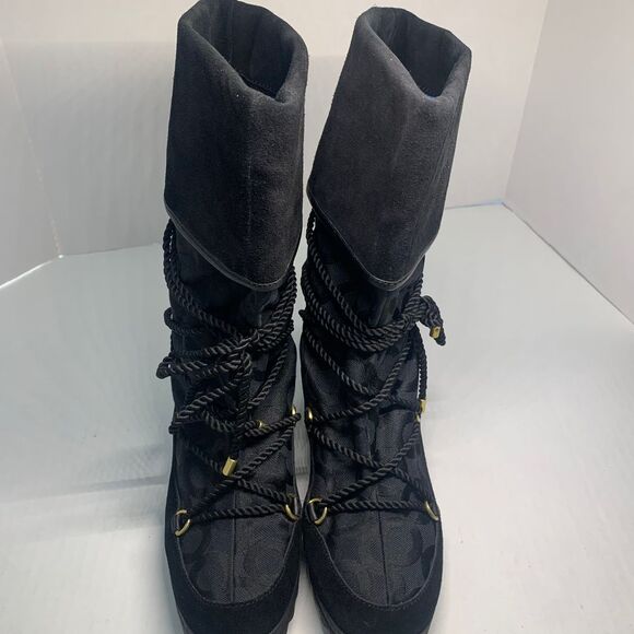 Coach Maisy Black Signature C Lace Up Wedge Boots size 8B - Picture 2 of 12